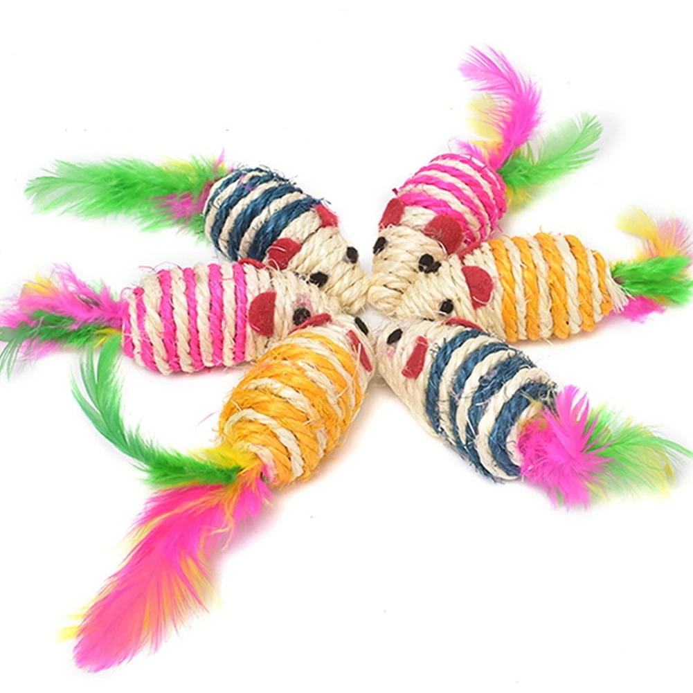 

Sisal False Mouse Cat Scratching Playing Toys with Colorful Feather Pet Kitten Interactive Toy Mini Mouse Cats Scratch Bite Toy
