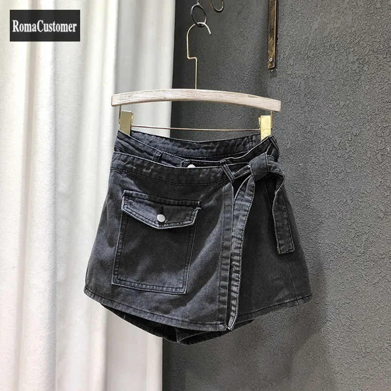 

High Waist Fashion Irregular Lace Up Denim Skirt All-Match Loose Wide Leg Shorts Fried Street Trend Womens Culottes Female