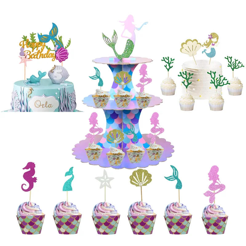 

Mermaid Cupcake Toppers and Cake Inserts Mermaid Cake Stand for Baby Shower Girls Underwater Birthday Party Supplies
