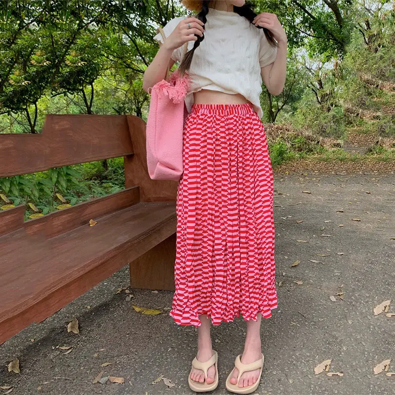 

Elegant Printed Pleated Skirt for Women Korean Elastic High Waist A-line Long Skirts Summer Beach Chiffon Casual Print Skirt