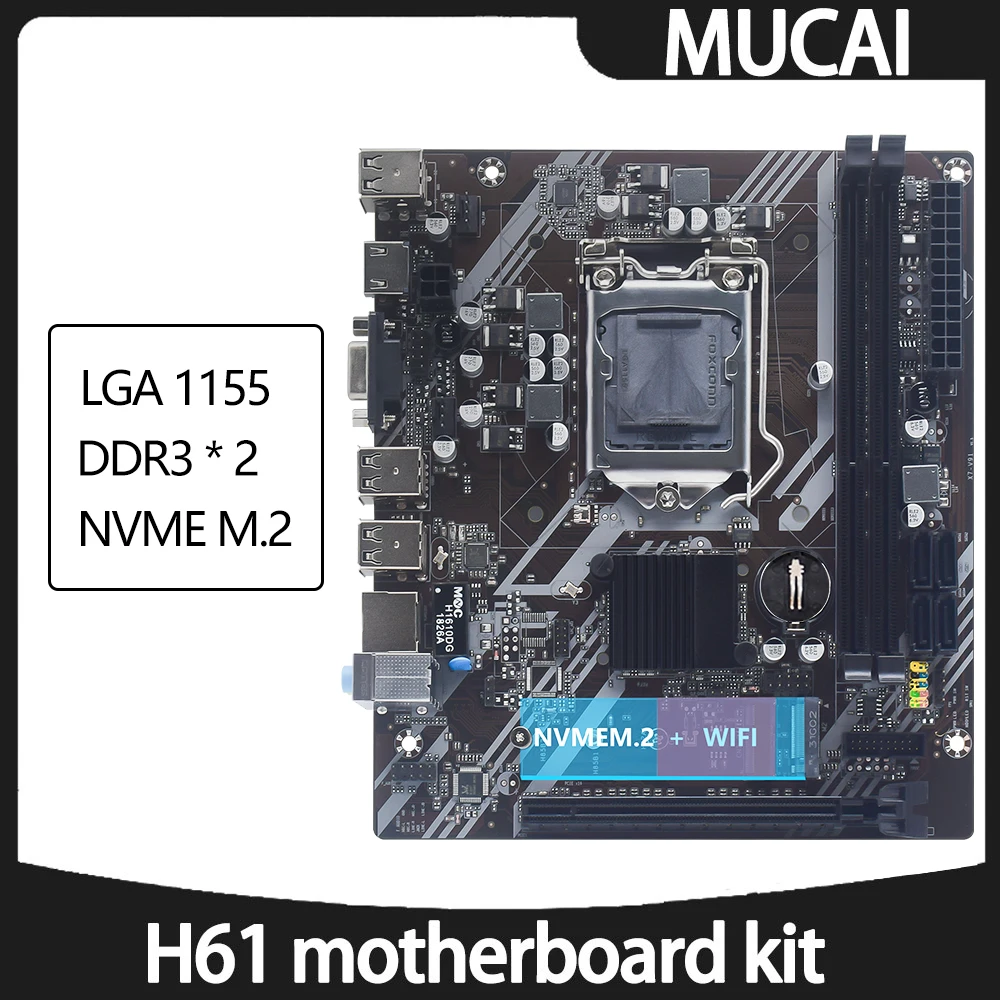 MUCAI H61 Motherboard LGA 1155 Kit Compatible With Intel Core CPUs 2nd And 3rd Generations Supports M.2 NVME SDD