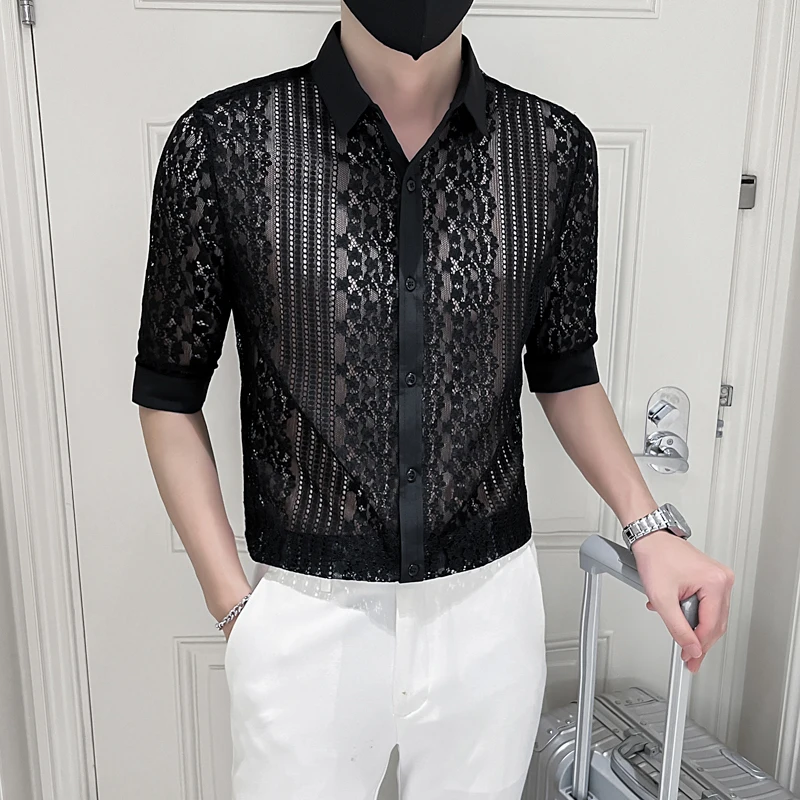 2022 Chinese Style Shirt Men Slim Fit Hollow out Clothes Men Half Sleeve Summer Designer Club Shirt Camisa Masculina S-4XL