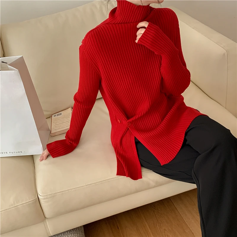

Sweater Women's Turtleneck Side Fork Buttons Pullover Vintage Top Solid Color Knitwear Trending Ladies Sweater Autumn Winter