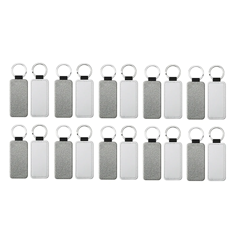 

20Piece Glitter PU Leather Keychain Heat Transfer Keyring Sublimation Keychains Blank Silver