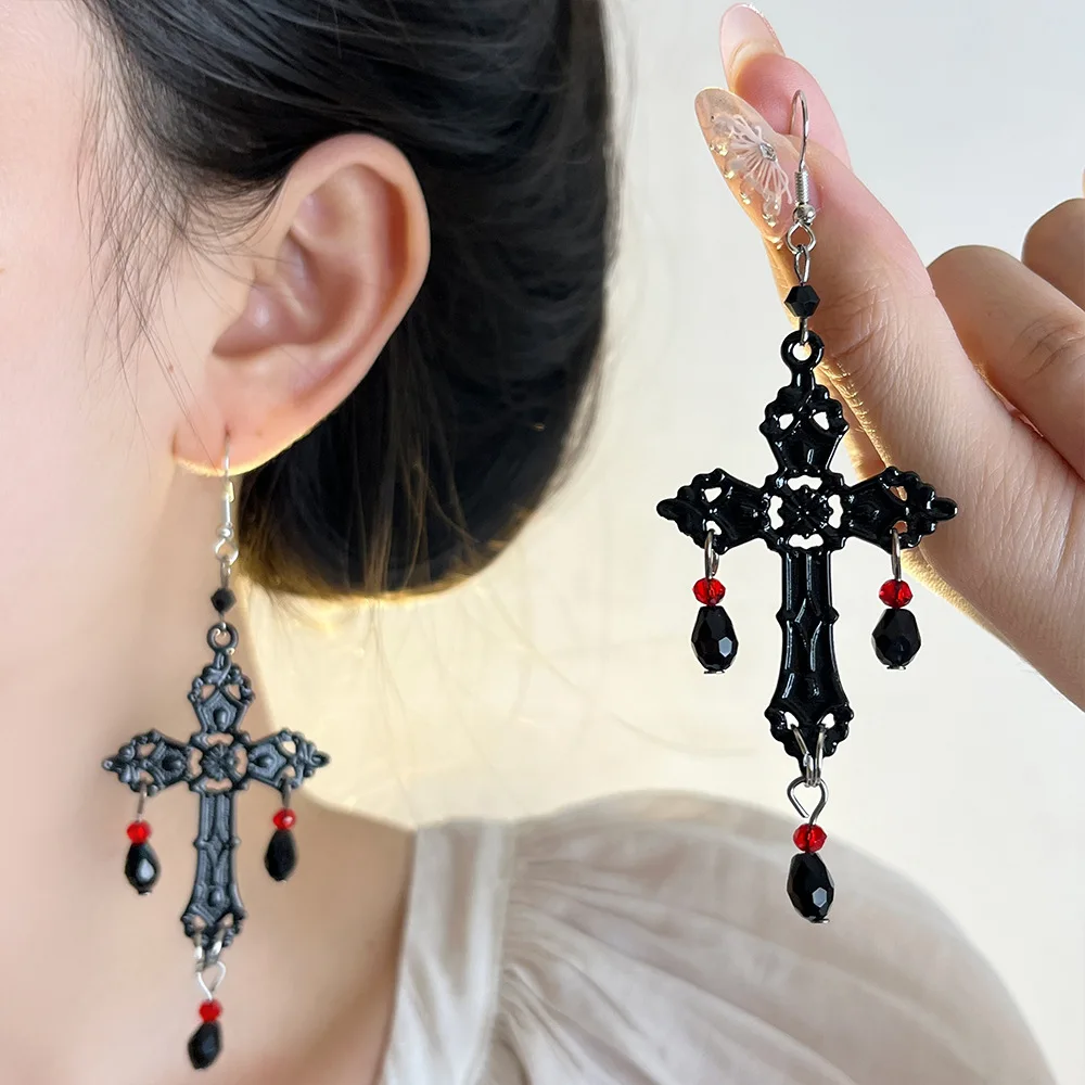 Готические черные большие полые длинные висячие серьги с крестом для женщин