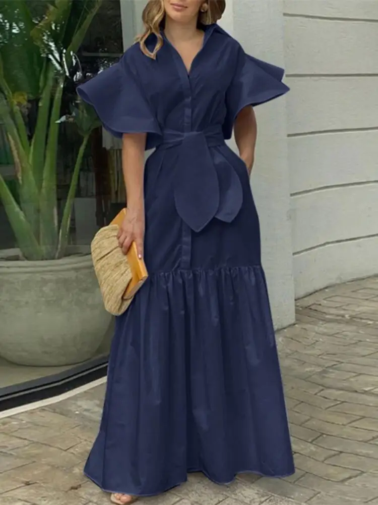 

Платье-макси VONDA женское с длинным рукавом, вечерний однотонный плиссированный сарафан с отложным воротником, на пуговицах, с оборками