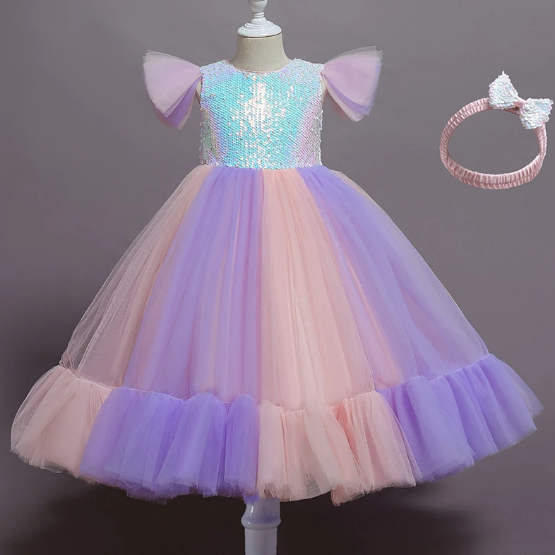 

2022 Europe Summer Party Dress Girl Rainbow Short Puff Sleeves Sequined Princess Dress Piano Host Birthday Wedding Dress