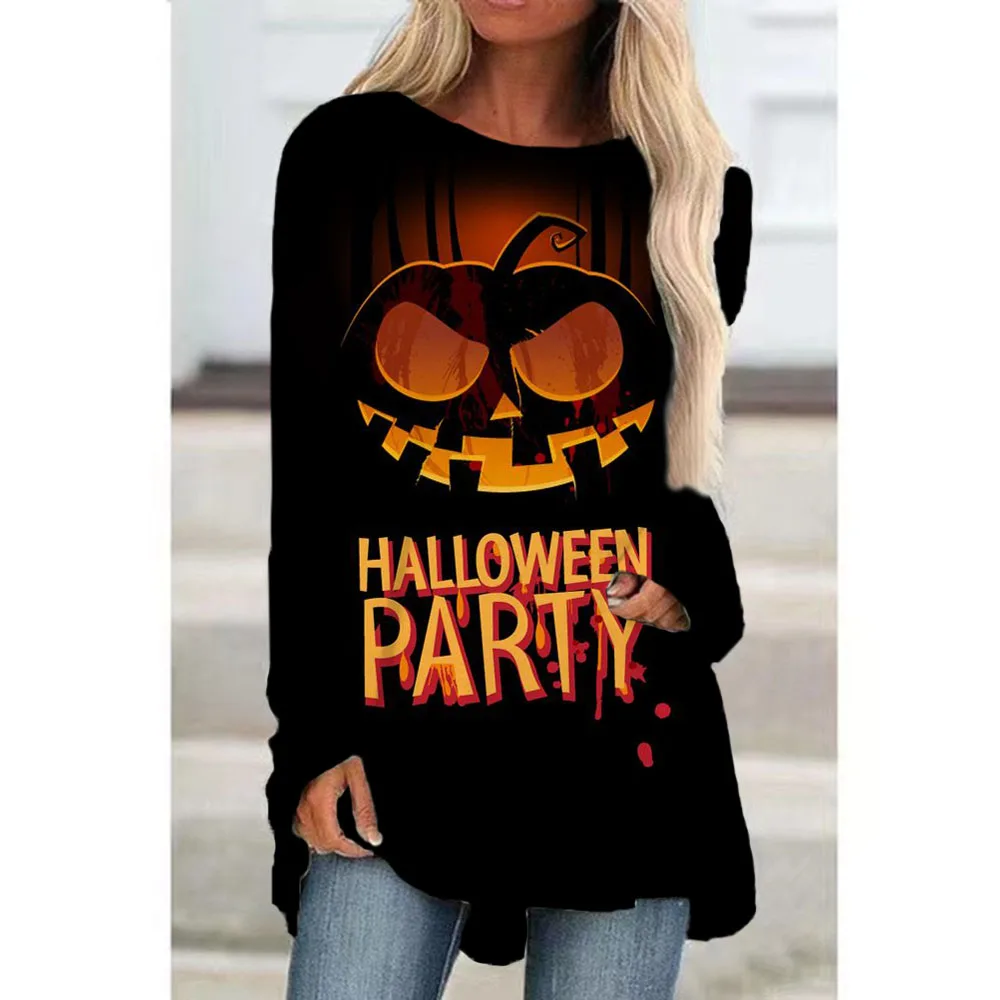 

Autumn And Winter Round Neck Halloween T-shirt Women's Fashion Casual Weekend Trouble Pumpkin Long Sleeve Printed Shirt
