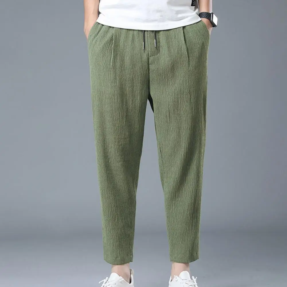 

Men Sweatpants Mid-rise Men Summer Trousers Elastic Waistband Men Sweatpants Pockets Men Summer Ultra-thin Ice Silk Casual Pants