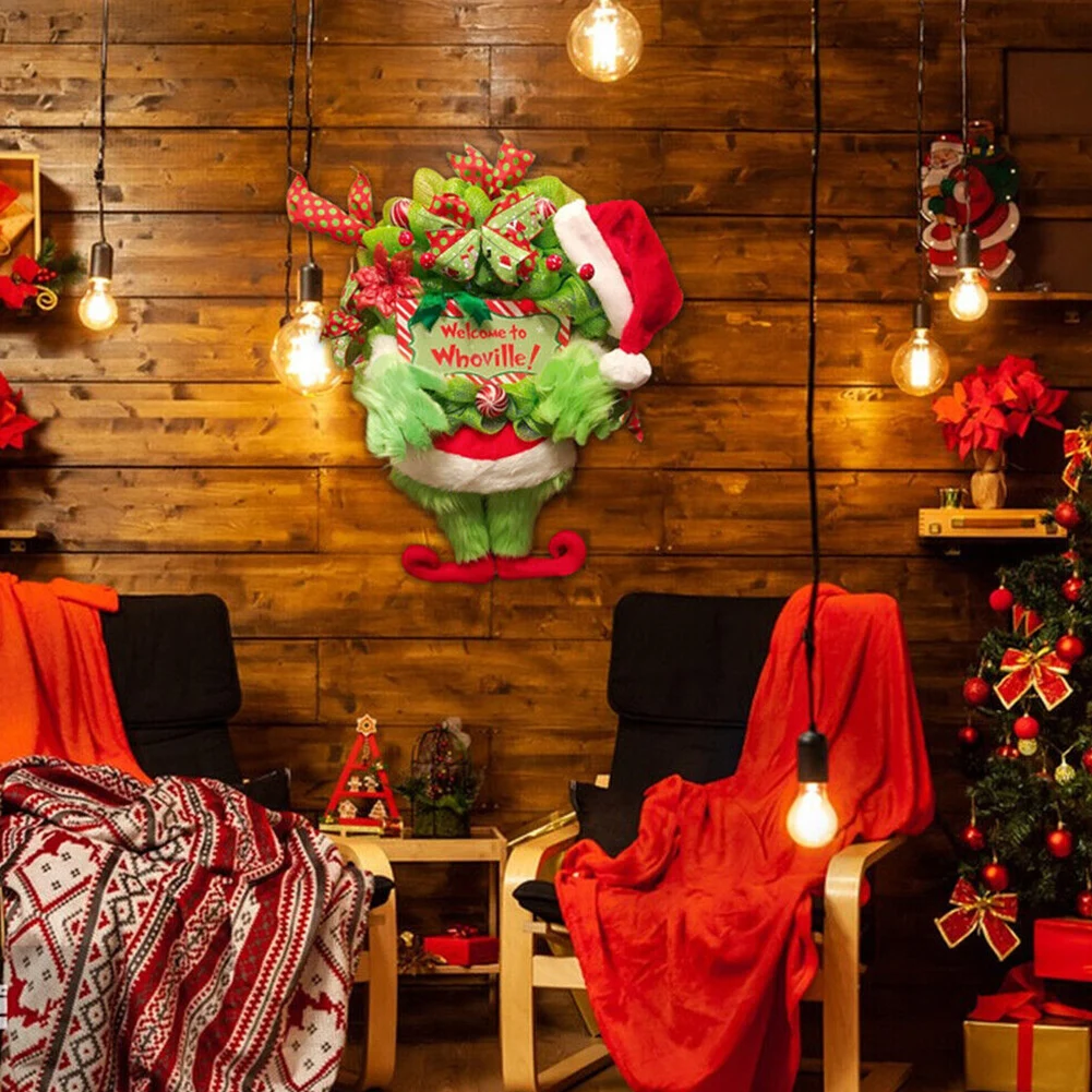 Креативное Украшение Для Двери Grinch Плюшевый Зеленый Монстр Подвесное Венок На