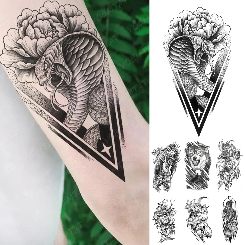 

Waterproof Temporary Tattoo Sticker Peony Flower Cobra Snake Dragon Animal Festival Women Men Arm Body Art Fake Sleeve Tattoos