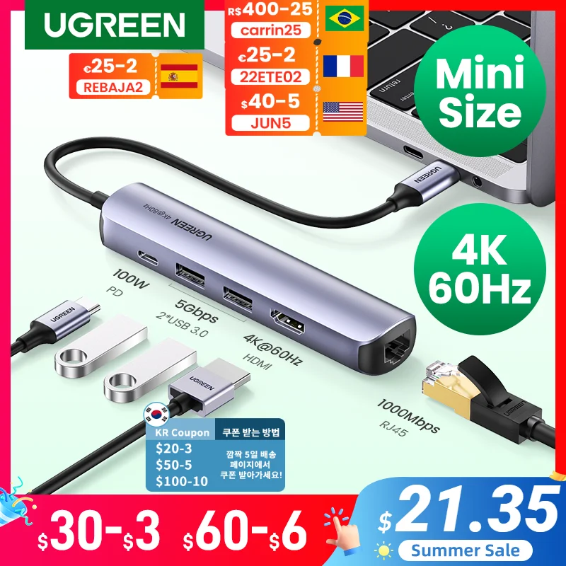 Ugreen Usb c Hub Mini Tamanho Usb tipo c 3.1 a 4k Hdmi Rj45 pd Usb 3.0 Otg Adaptador Usb c Doca para Macbook ar Pro 2022 pc Usb Hub
