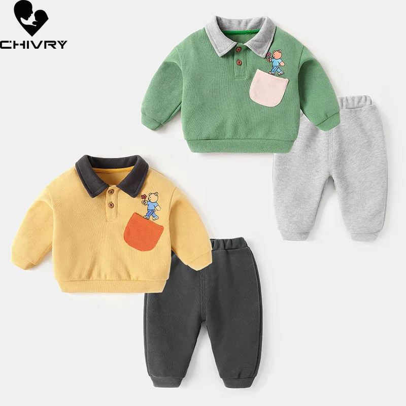 New Baby Autumn Winter Clothing Set Boys Cartoon Lapel Sweatshirt with Pants Sport Suit Tracksuit Infant Kids Casual Sportswear