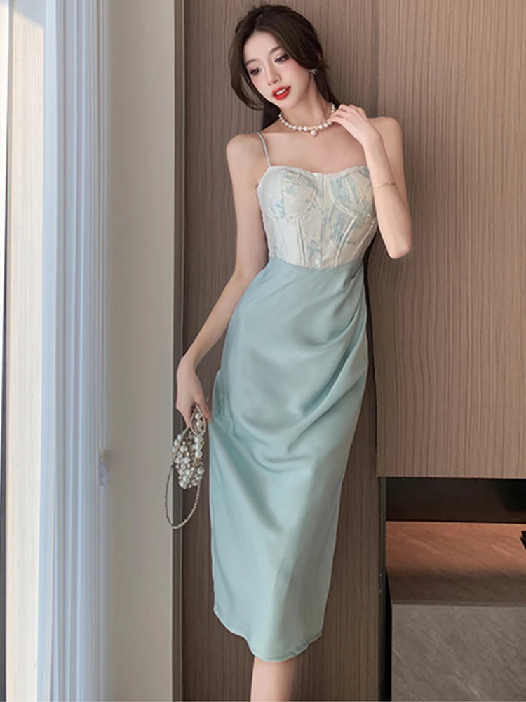 

Women Summer Spaghetti Straps Sexy Backless Midi Dresses Female Prom Party Vestidos Clothes