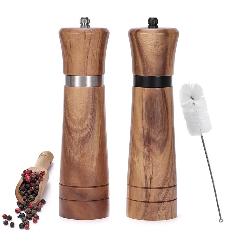 

6/8/10 Inch Salt and Pepper Mills Solid Wood Spice Grain Grinder with Brush Adjustable Ceramic Grinding Core Kitchen Salt Shaker