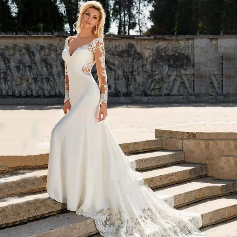 

TIXLEAR Elegant Lace Mermaid Wedding Dress Bride 2022 Long Sheer Sleeves Sexy V-neck Backless Bridal Gowns Robe De Mariee