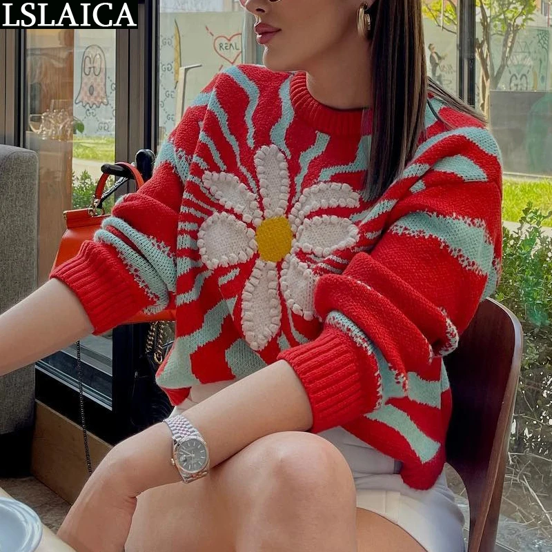 

Women's Sweater Pullover Korean Fashion Long Sleeve O-neck Plaid Daisy Jacquard Sweaters Spring Autumn Casual Ladies Tops 2022