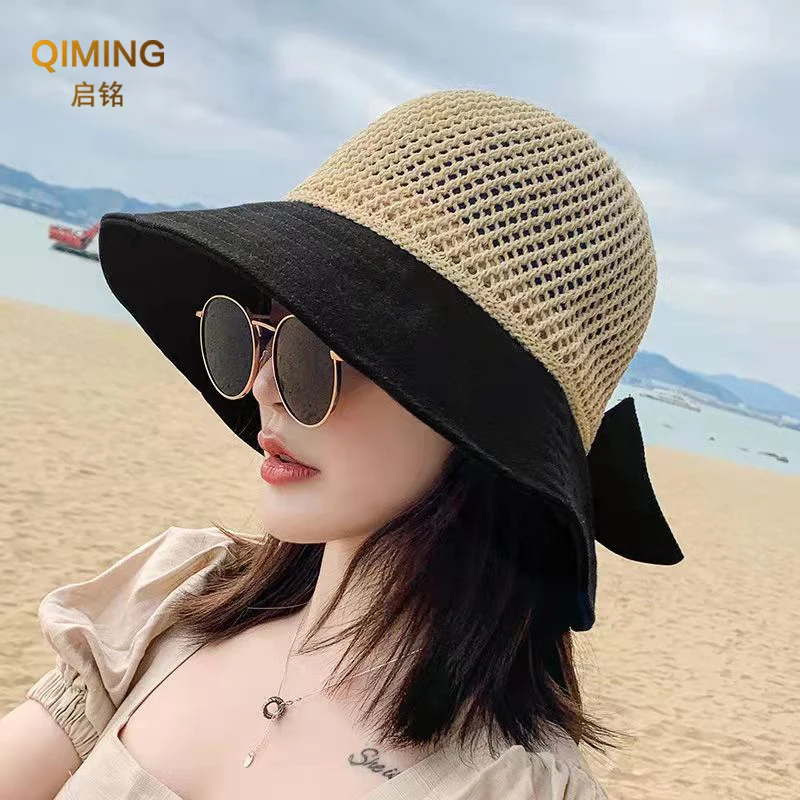 

Ladies Summer Hats For Women Knitted Breathable Foldable Sun Hat With Bow Sun Protection Sunshade Korean Beach Hat Cap Travel
