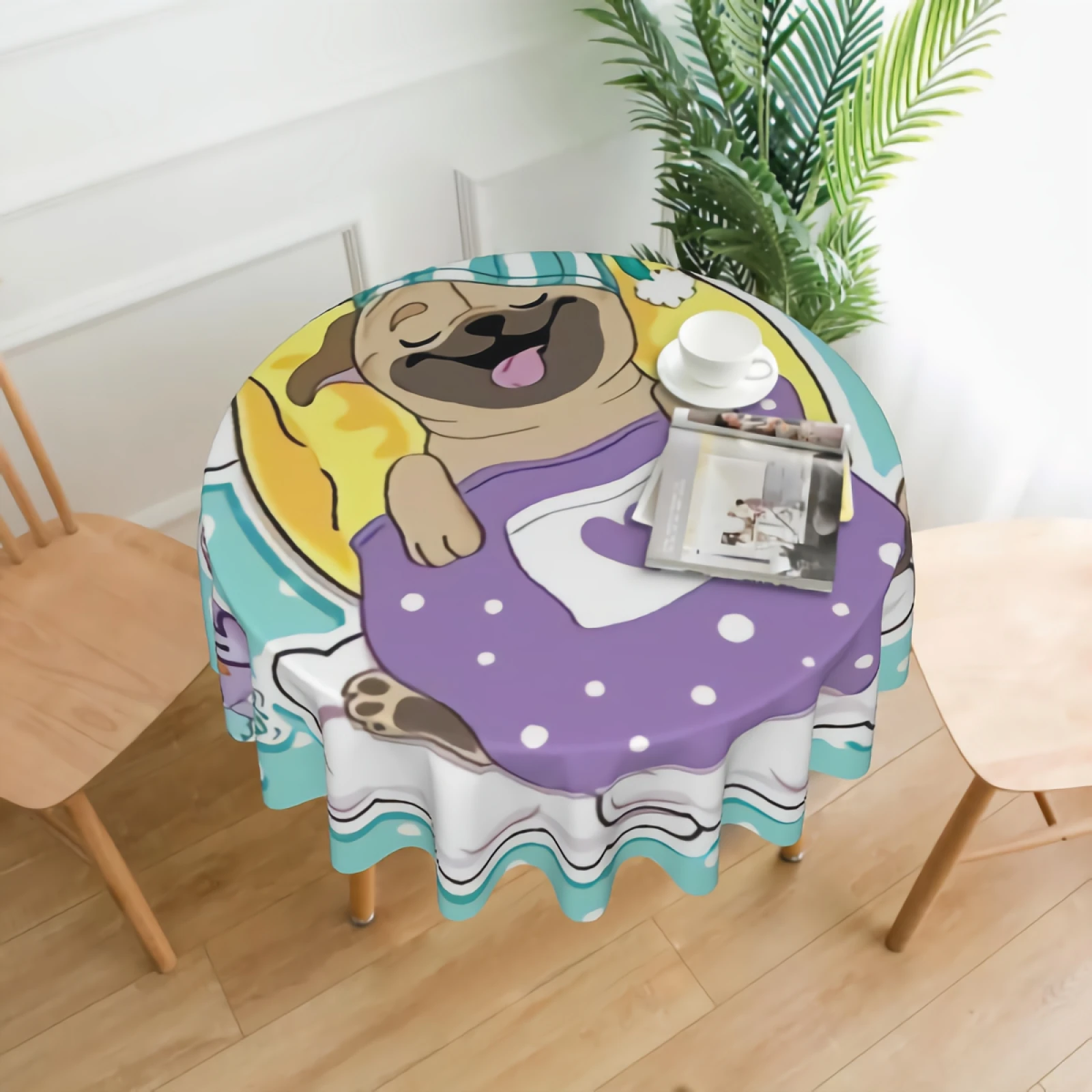 

Cute Dog Pug Sleeping On A Pillow Round Tablecloth Waterproof Puppy Pug And Owls Table Cloth Cover Washable 60" Dining Decor