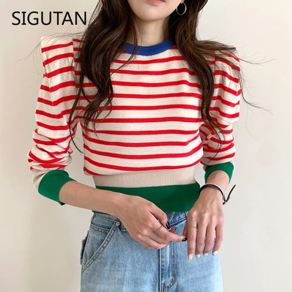 

Korean Striped Color-blocked Knitted Sweaters Pullovers Autumn Winter Long Sleeve O-neck Tops Casual Fashion Ladies Jumpers