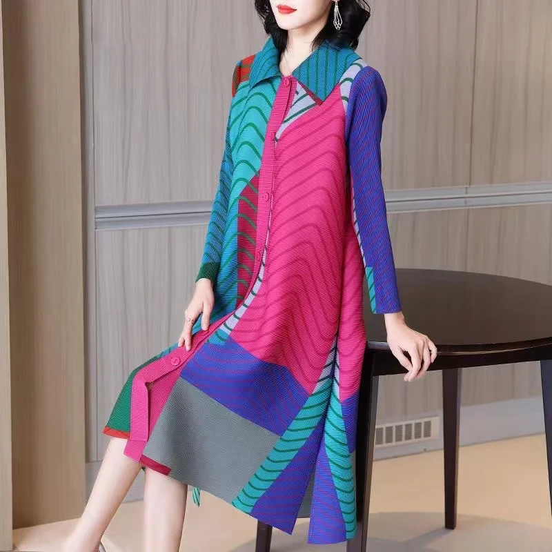 Pleated Color Contrast Mid Length Coat Spring and Autumn New Printing Fashion Large Dress
