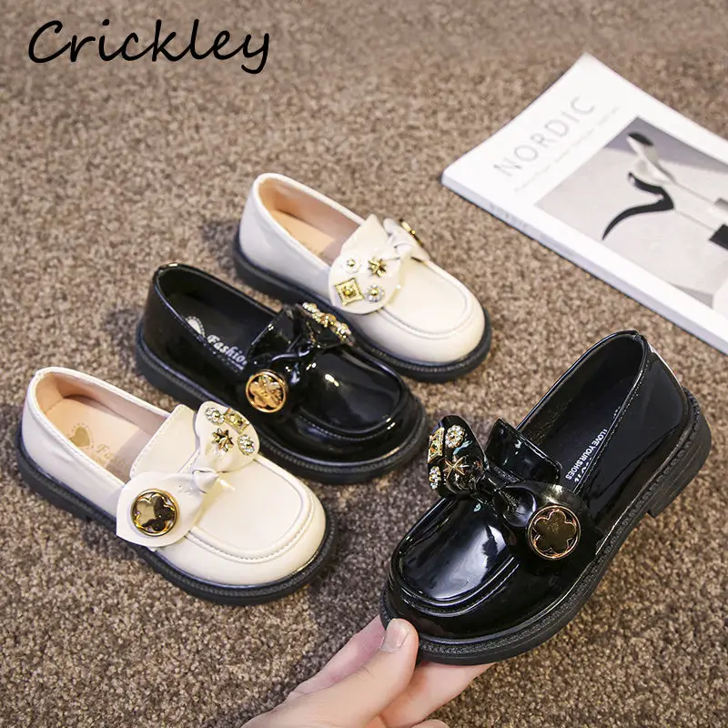 

Bow Solid Girls Child Flats Shoes Metal Crystal Decoration PU Leather Children Loafers Soft Sole Anti Slip Kids Spring Shoes