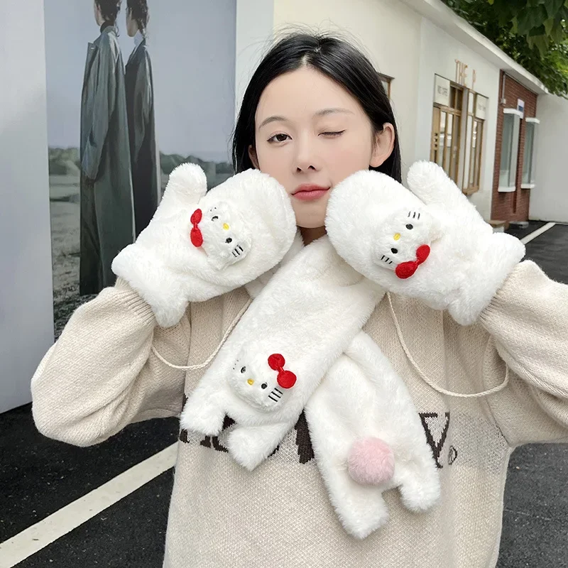 

Sanrio Kawaii Hello Kitty Cinnamoroll плюшевые перчатки шарф аниме милый мультфильм зимние теплые плотные студенческие милые перчатки шарф подарок