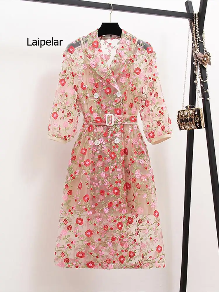 Flower Embroidery Overlay Trench Coat Women Notched Lantern Sleeve Belt Mesh Outerwear Retro Casual Long Dress 2022 Summer