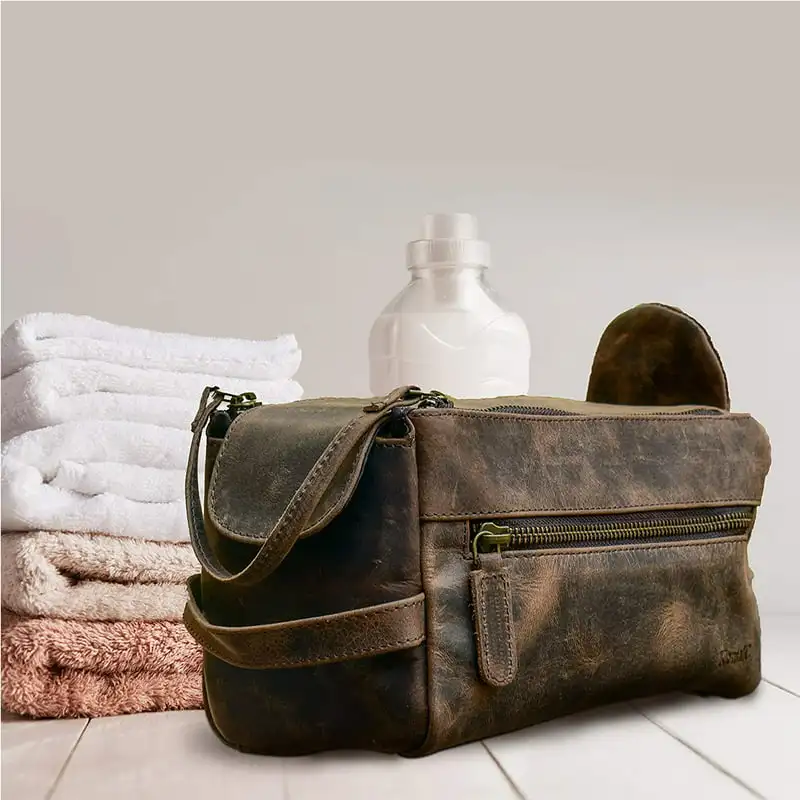 KomalC Genuine Distressed Tan/Hunter Buffalo Unisex Toiletry Bag Travel Dopp Kit - Perfect Choice for On-the-Go Organization.