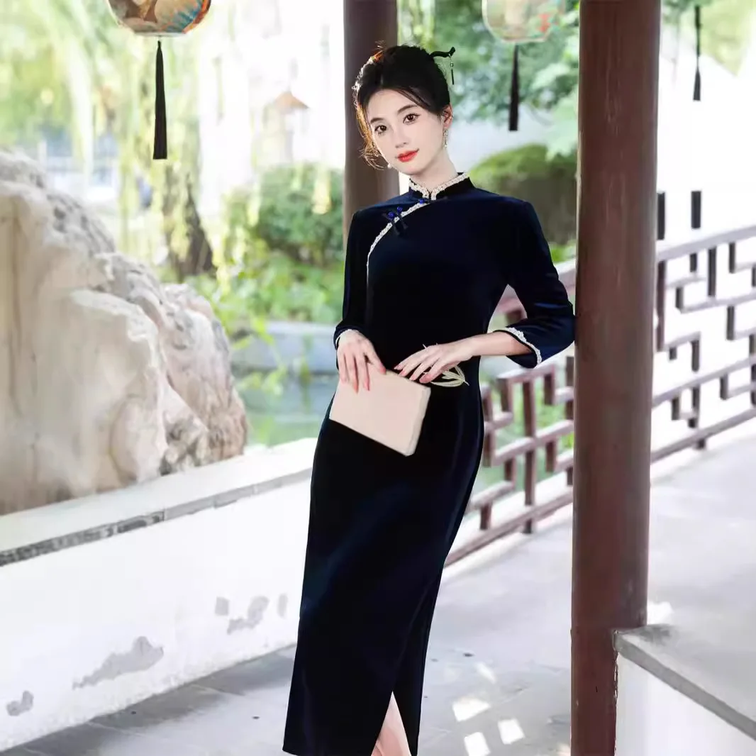 w chińskim stylu sukienki damskie seksowne szczupłe Cheongsams eleganckie tradycyjne jesienno-zimowa aksamitna Vestidos Oversize 3XL Qipao