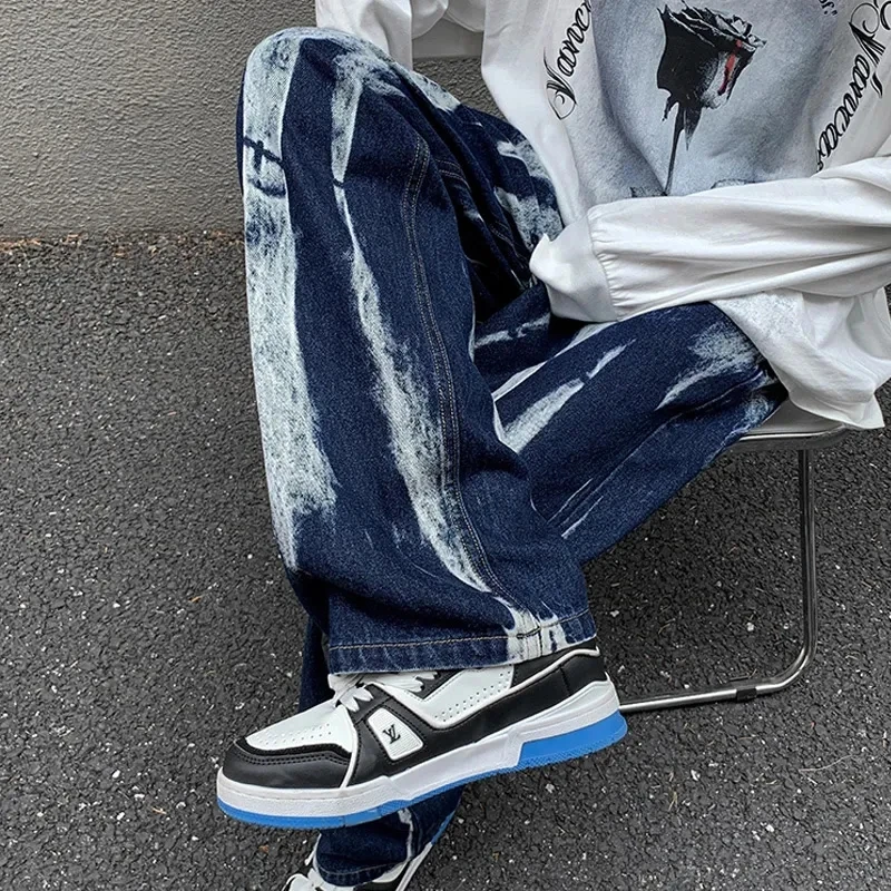 Vintage Pants Trendy Tie Dye Gradient Straight Y2k Baggy Jeans Men American High Street Loose Drape Wide-Leg Pants Man