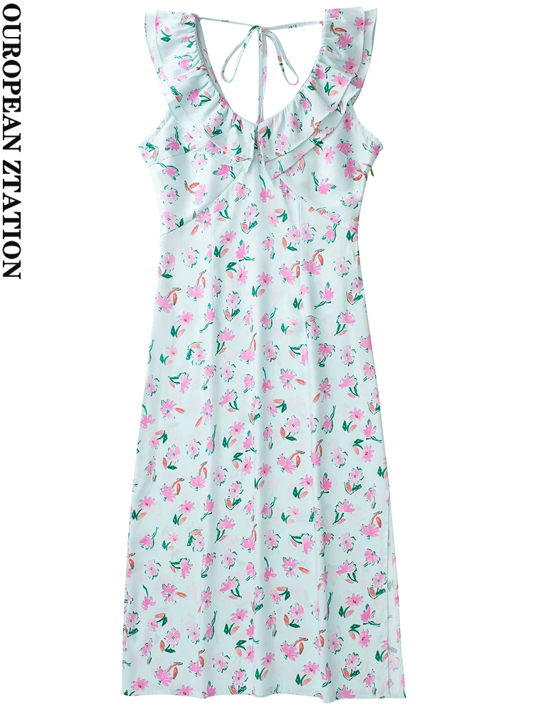 

PAILETE Women 2022 fashion back tied floral print ruffled midi dress vintage v neck sleeveless split hem female dresses vestidos