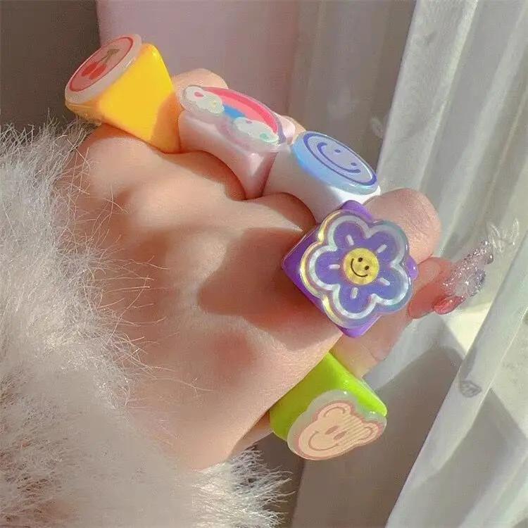 

NEW Cute Cartoon White Cloud Rainbow Resin Acrylic Rings For Women Girls Funny Children Finger Ring Summer Jewelry Gift