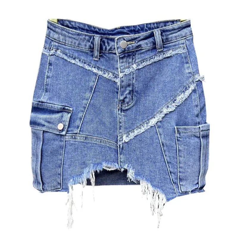 

Personalized Design Asymmetric Ripped Short Denim Skirt Women's 2022 Summer New Fashion High Waist Package Hip Tooling skirt q02