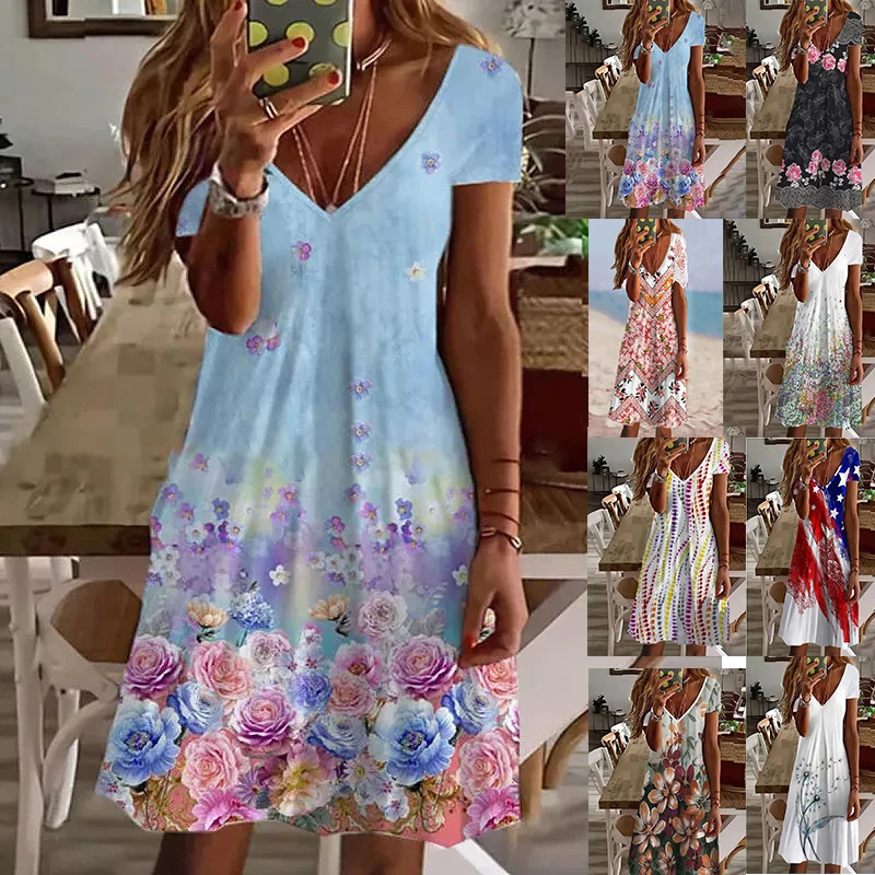 

2022SummerWomen'sFloralThemePrintedPaintingDressesVNeckShortSleevesNewDressKneeLengthLoosenBasicFemaleDress