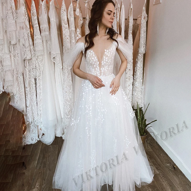 

VIKTORIA Modern Wedding Dresses Aline SCOOP Buttons Off the Shoulder Tulle Appliques 2022 Bride Robe De Mariee Custom Made