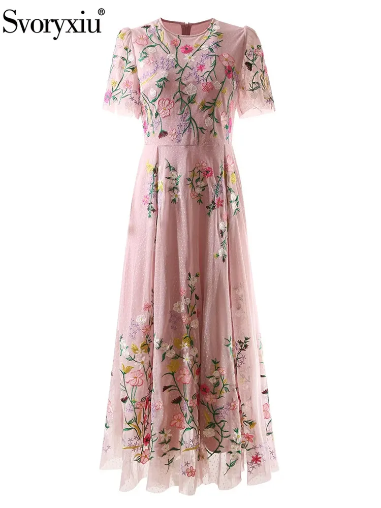 

Женское газовое платье Svoryxiu, розовое элегантное облегающее платье средней длины с короткими рукавами, цветочной вышивкой и высокой талией на лето 2019
