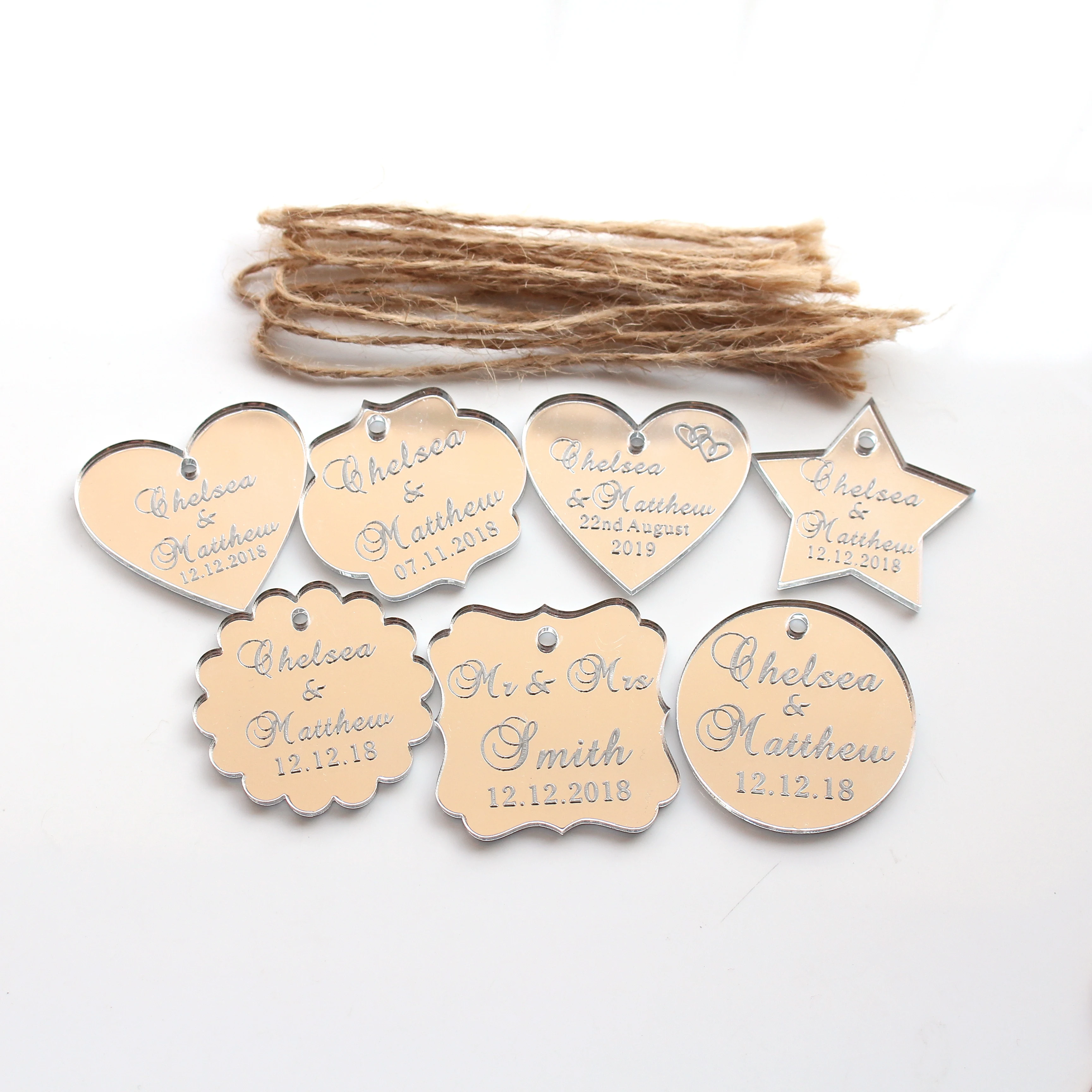 

50pcs Personalized Silver Acrylic Tags Engraved Name Baby Shower Baptism Wedding Table Party Decoration Favors Gift