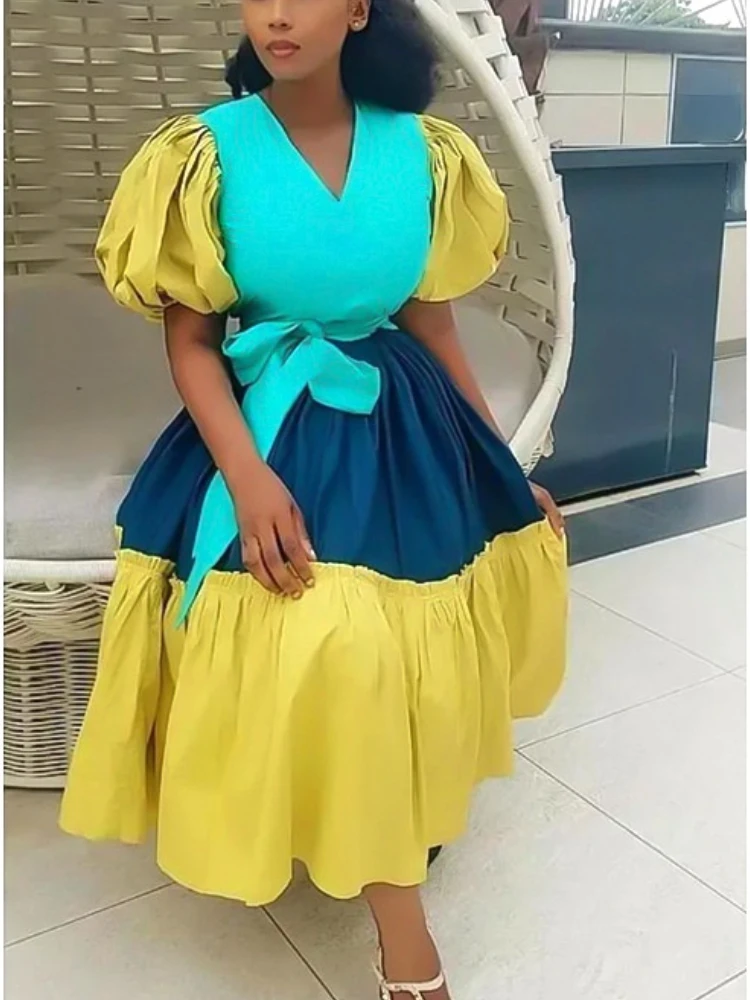 

Женское платье в стиле пэчворк с поясом на талии, летние короткие рукава-фонарики, плиссированные африканские женские платья-рубашки больш...