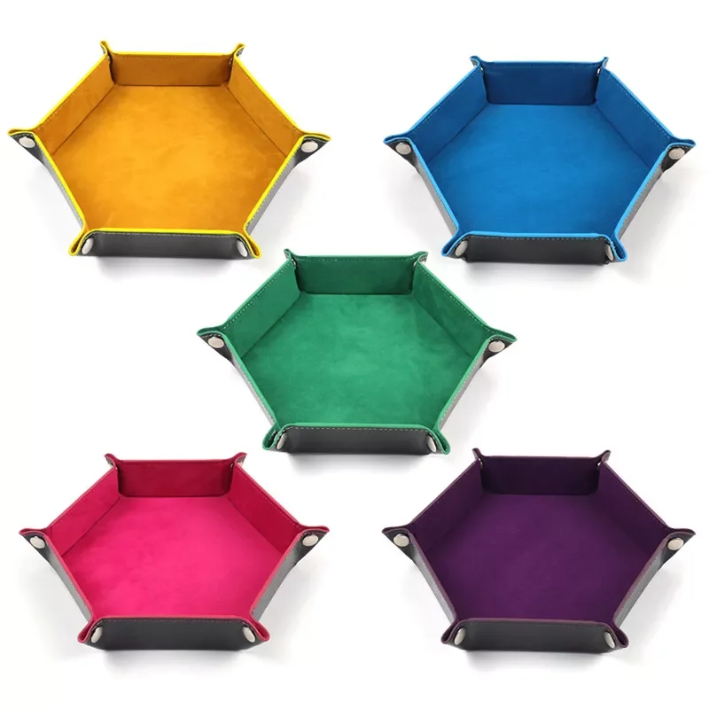 

2023NEW Leather Velvet Folding Hexagon Dice Tray Collapsible Rolling Board Game Storage Box Home Sundries Storage Tray 17.5cm