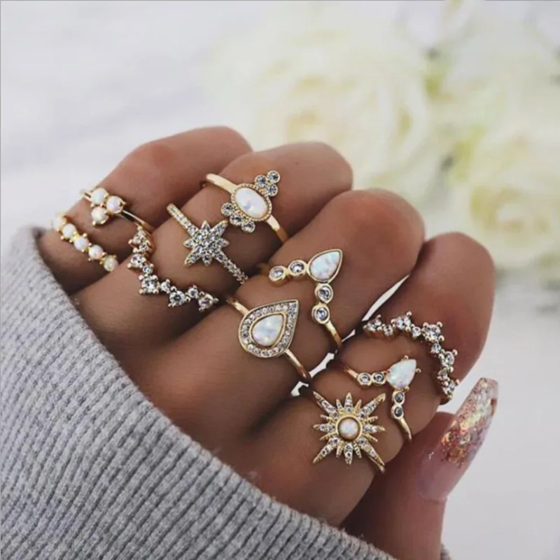 

European and American Opal Gold Rings Women's Diamond Combination Joint Rings Star Crown Combination Rings 10 Piece Sets