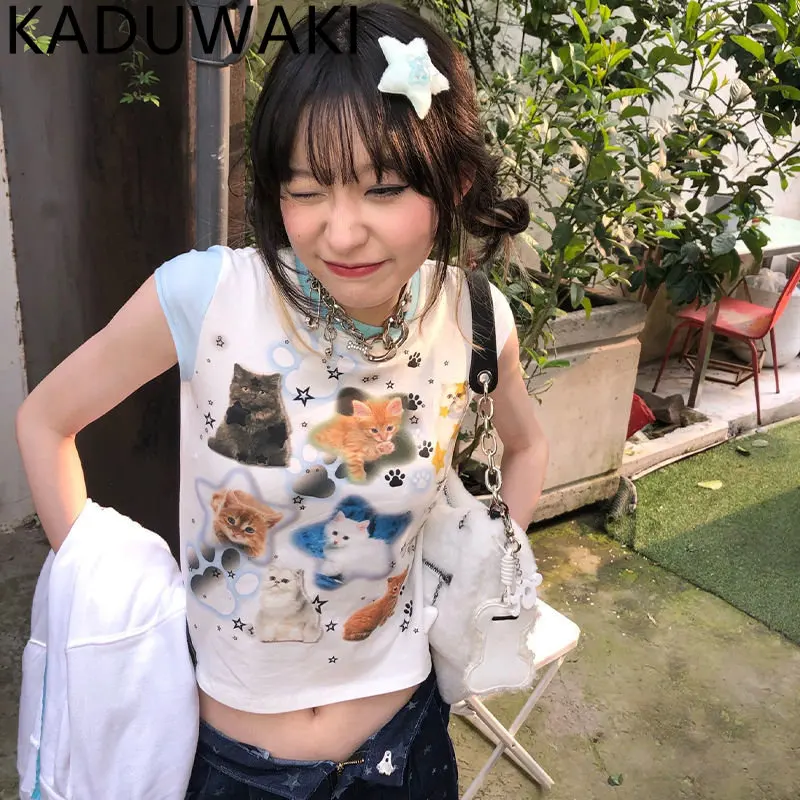 

Japan Style Y2k Aesthetics Tops Harajuku T-shirt 2000s Kawaii Cat Print Short Sleeve Tee Shirts Fairycore Patchwork Tshirt