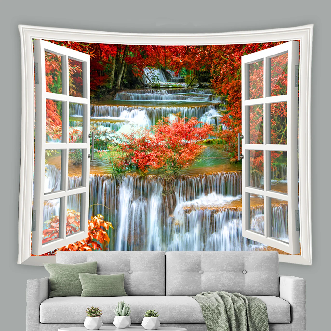 

3D искусственное окно, Настенный декор, эстетический водопад, лес, океан, поле, пейзаж, полиэстер, настенный гобелен для спальни