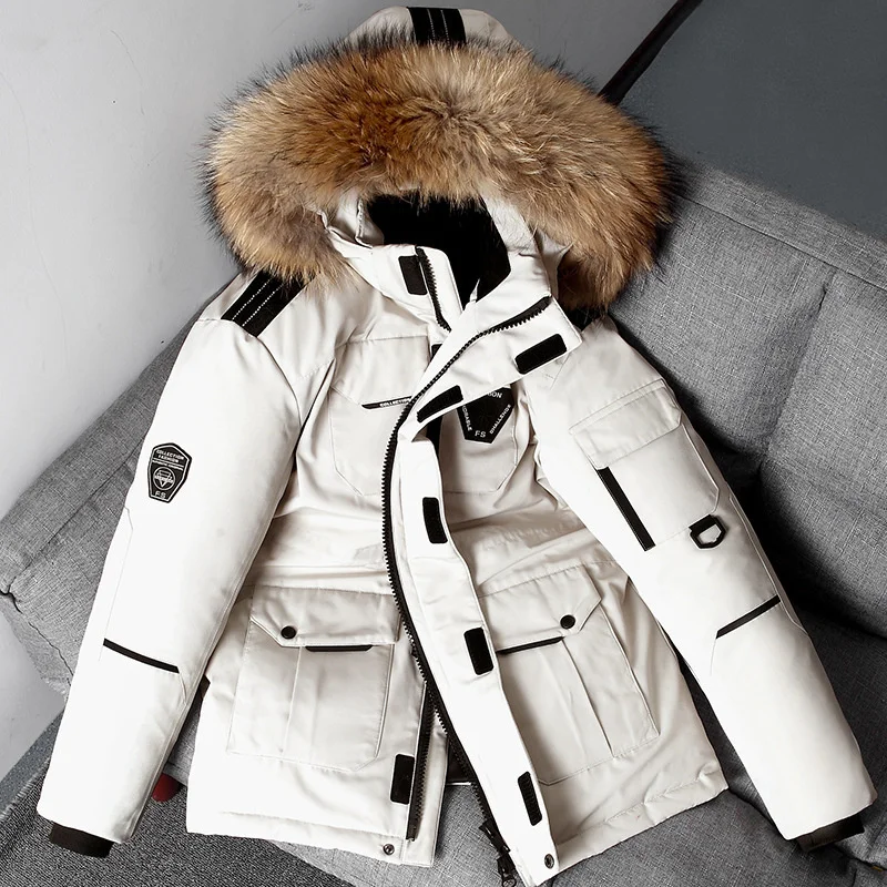 -20 Degree Winter Warm Couple Puffe Jacket Women's White Duck Down Parkas Coat Fashion Big Fur Collar Thick Snow Windbreaker Man