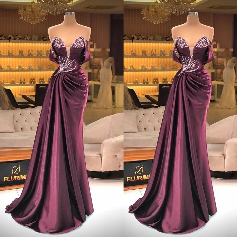 Dark Burgundy Merrmaid Evening Dress Pleats Beaded Sweetheart Neck Prom Dresses Custom Made Party Gowns
