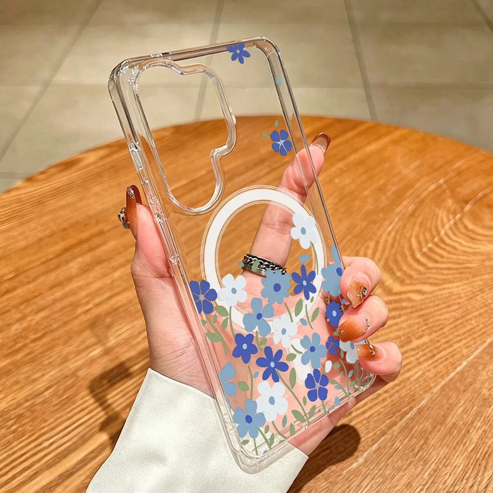 Магнитный чехол для телефона с синим цветком для Samsung A57 A37 S26 Ultra S25 S24 FE S23 A56 A55 A36, прозрачный силиконовый мягкий бампер (art.: 3920db04769ea) - 3920db04769ea