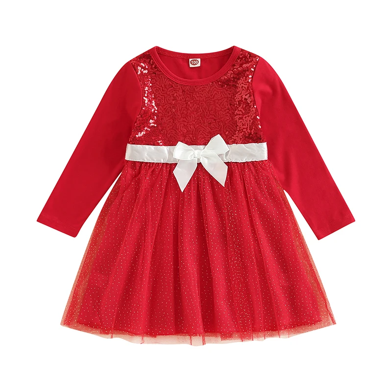 

Toddler Girl Christmas Dress, Shiny Sequin Long Sleeve Round Neck Bow Front Tulle Dress