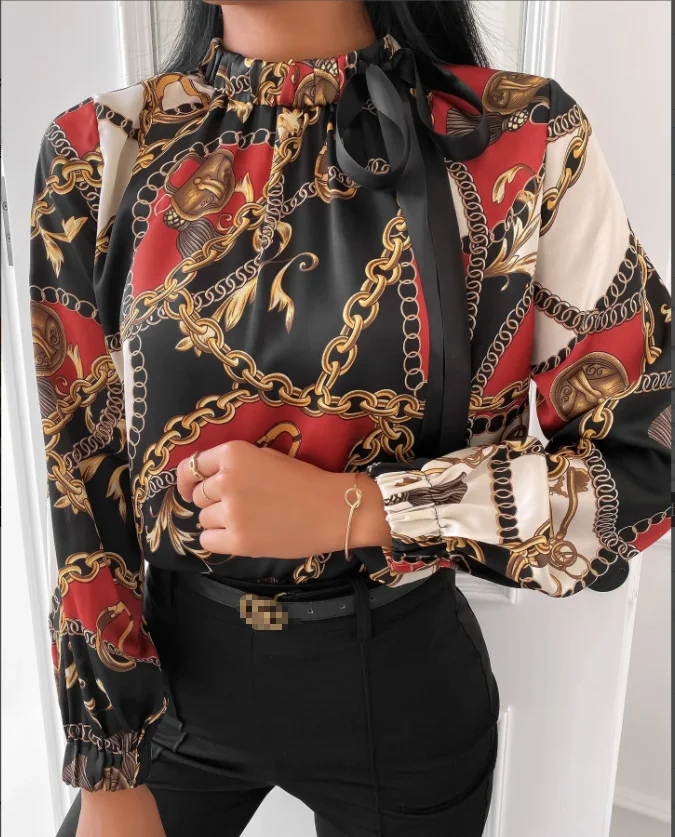 

Women Spring and Autumn Tie Neck Scarf Print Long Sleeve Blouse Casual Office Top Shirt Female & Lady 2022 Fashion New