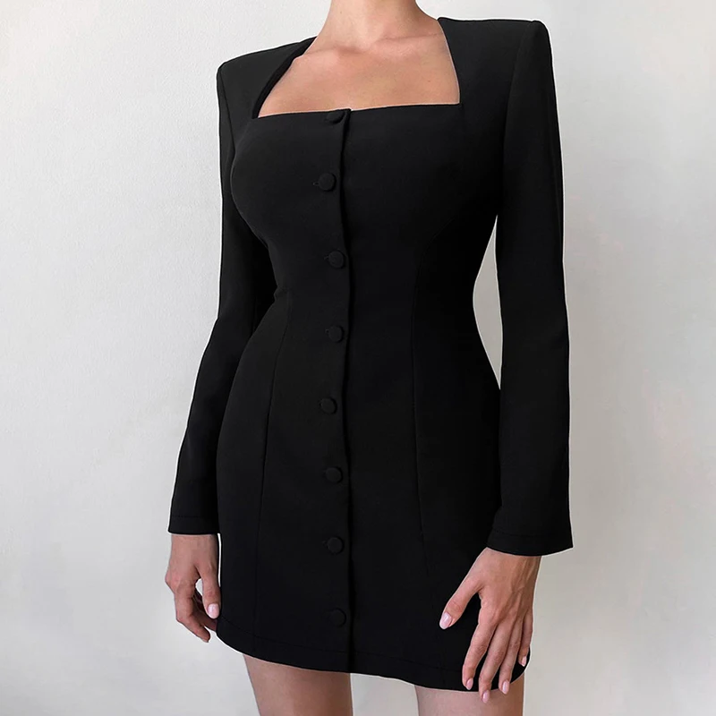 

Женское платье PASSIONNÉ с квадратным воротником и длинным рукавом, однобортное облегающее черное платье с запахом, женское осеннее модное платье, новинка 2023