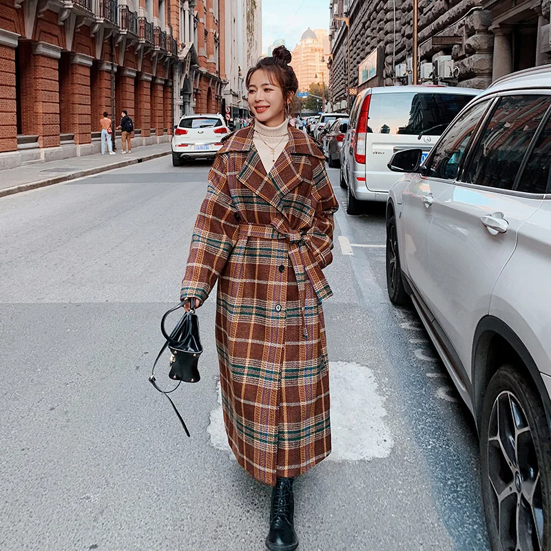 

Женское длинное шерстяное пальто в клетку, элегантное Свободное пальто в английском стиле, с поясом, в винтажном стиле, Осень-зима 2023